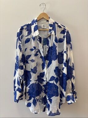 Aje White Button-Down Shirt with Bold Blue Floral Print